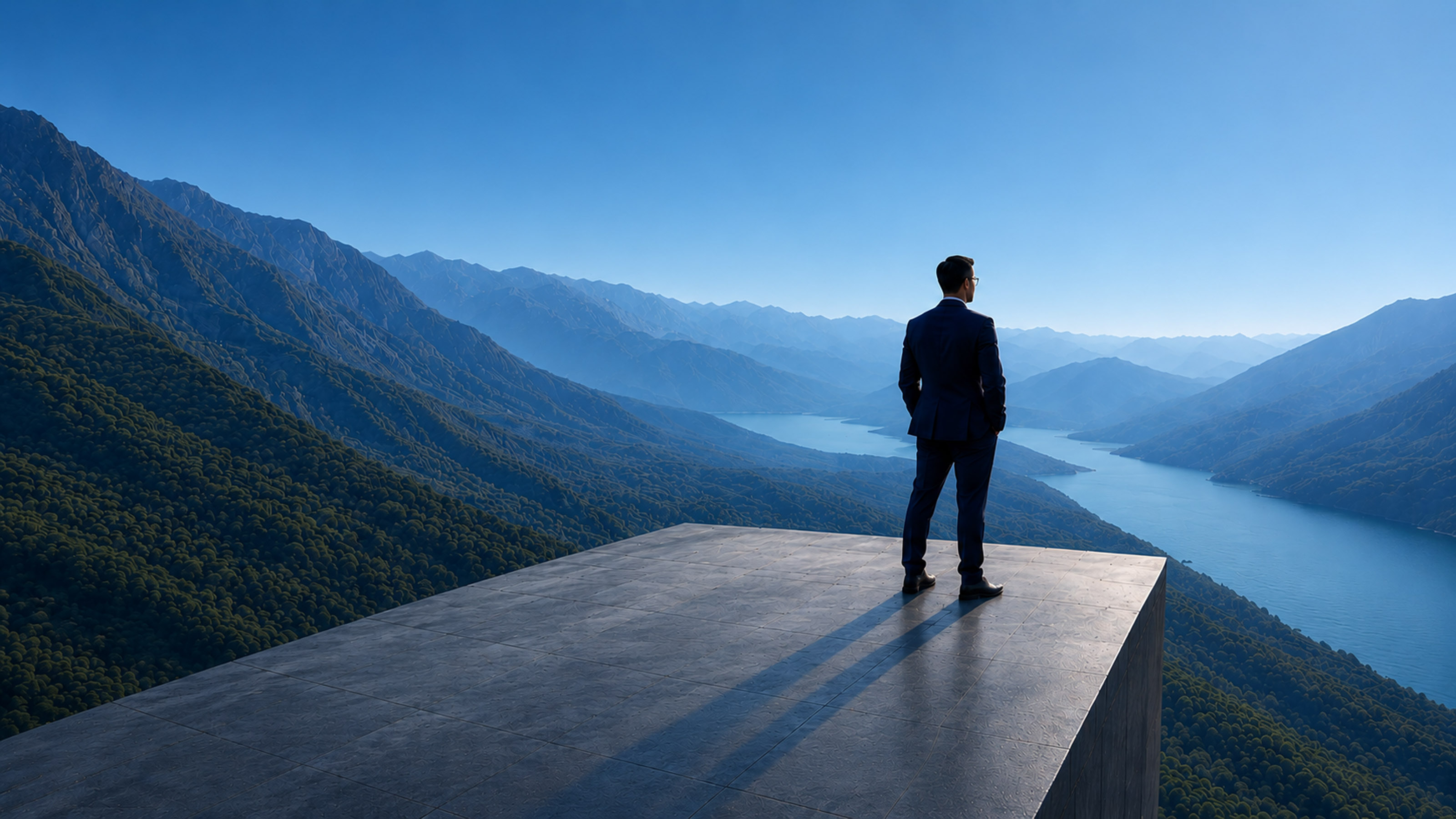 Strategy consultant overlooking river and sunrise
