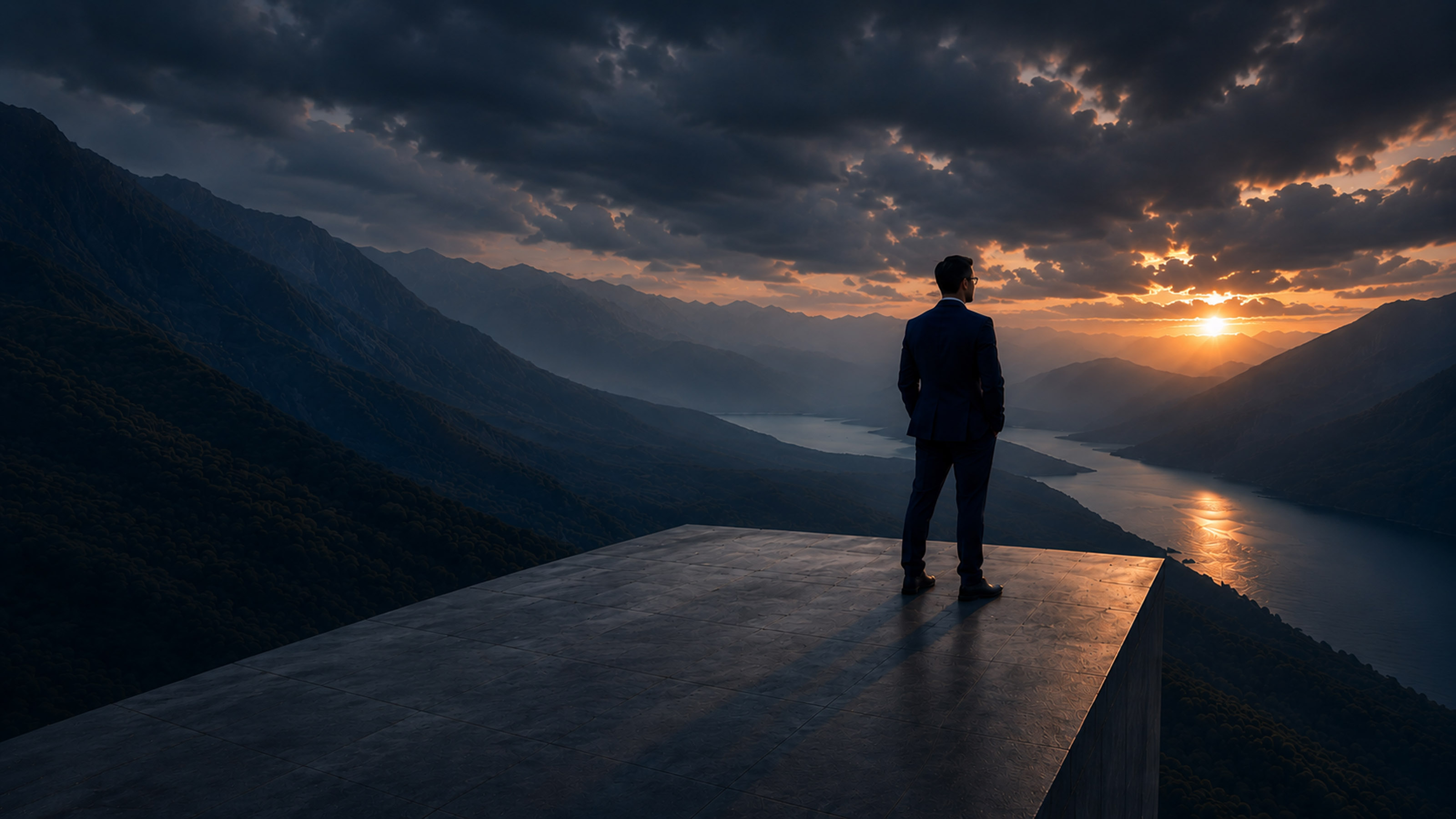 Strategy consultant overlooking river and sunrise