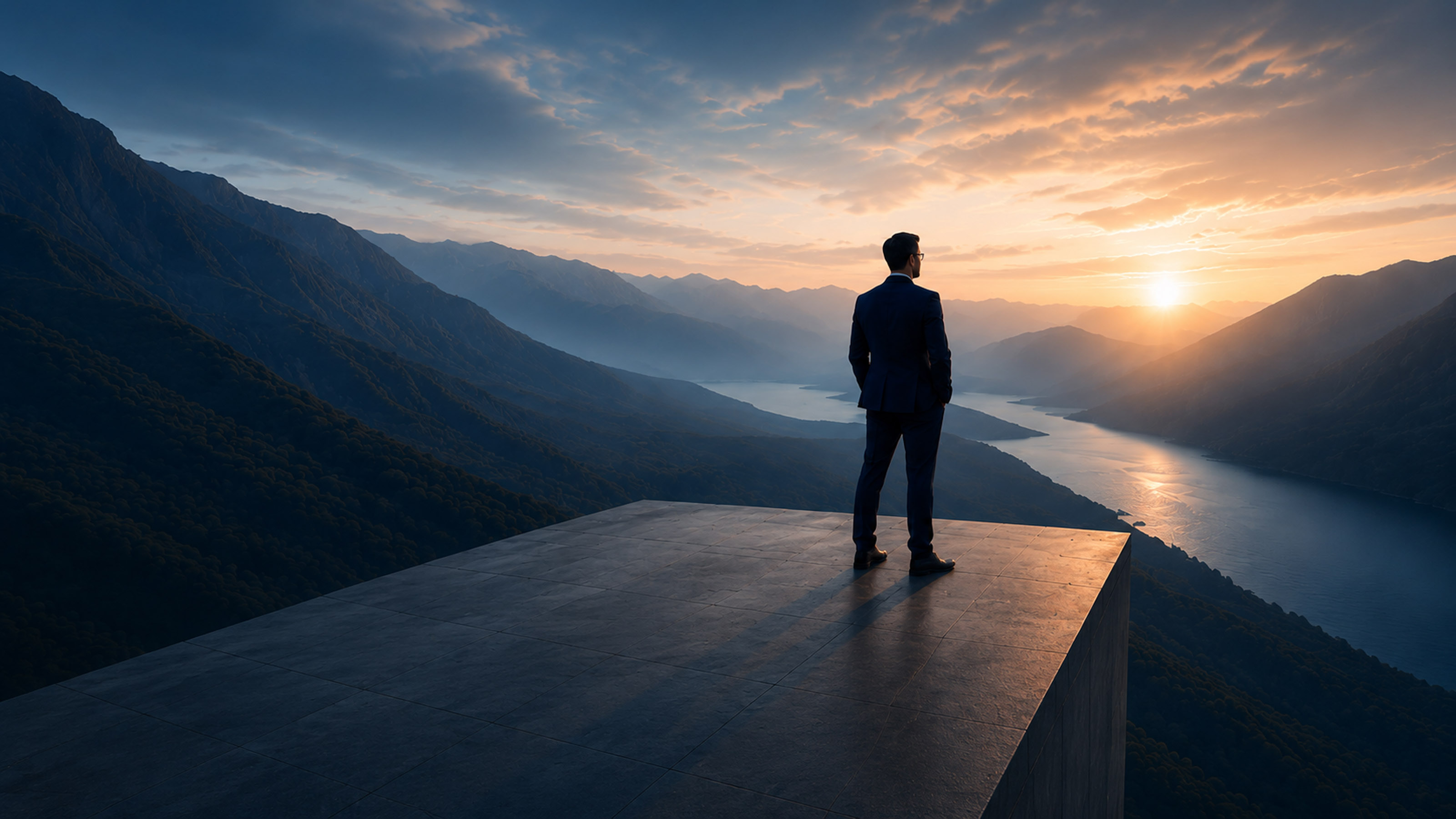 Strategy consultant overlooking river and sunrise